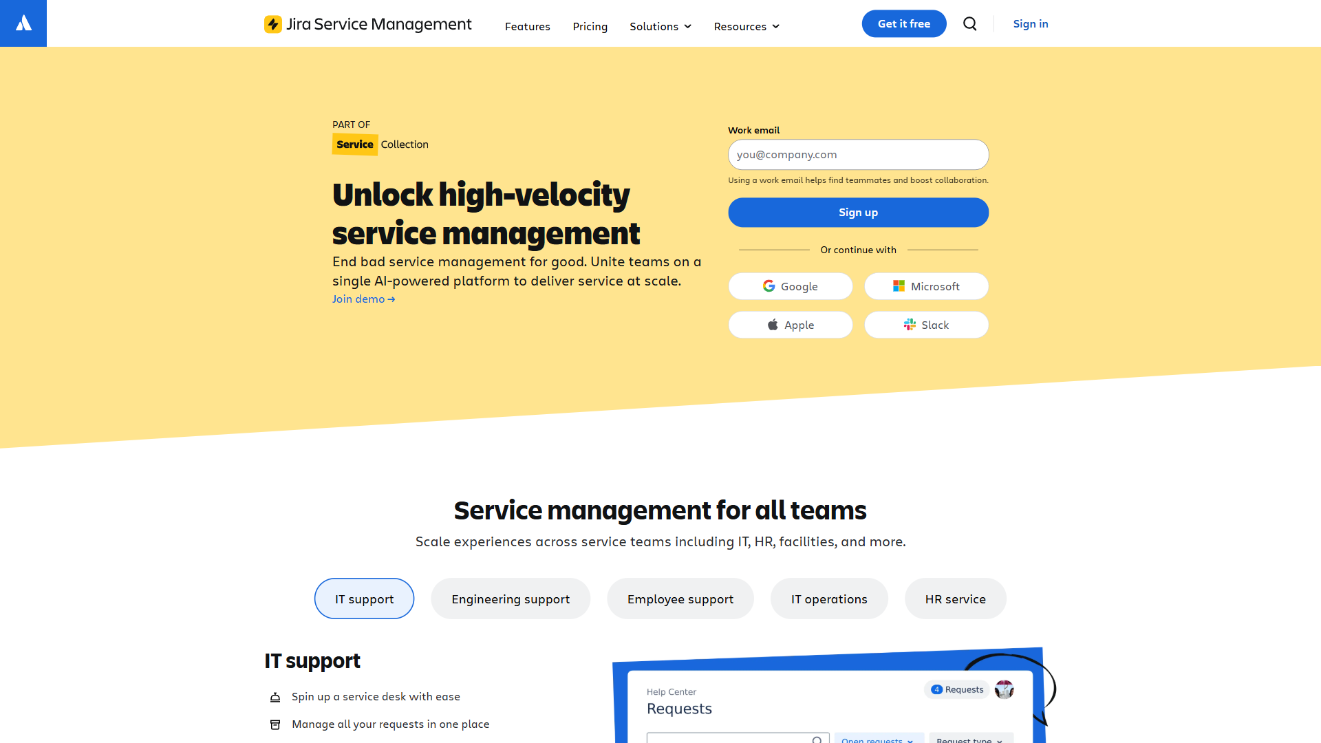 Jira Service Management homepage showing ITSM built on the Atlassian platform