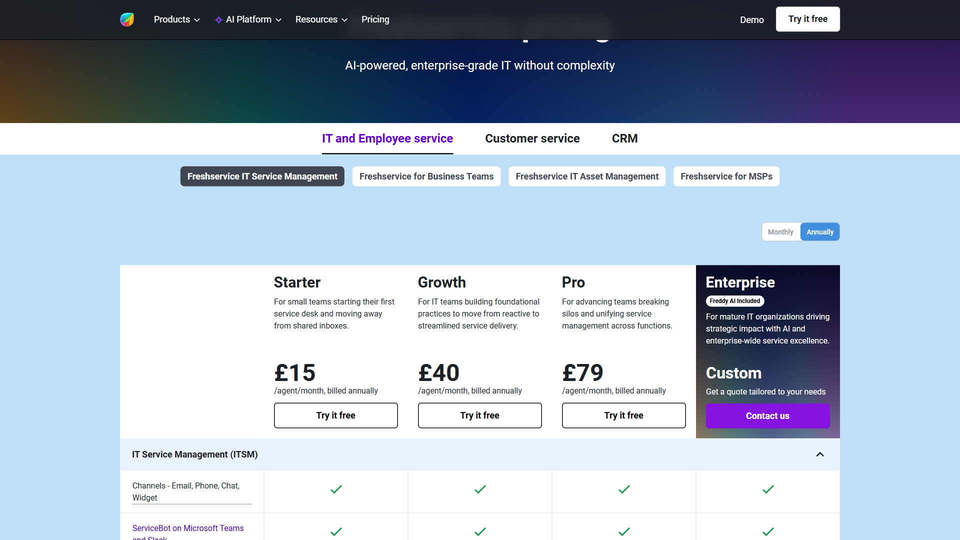 Freshservice pricing tiers from Starter through Enterprise