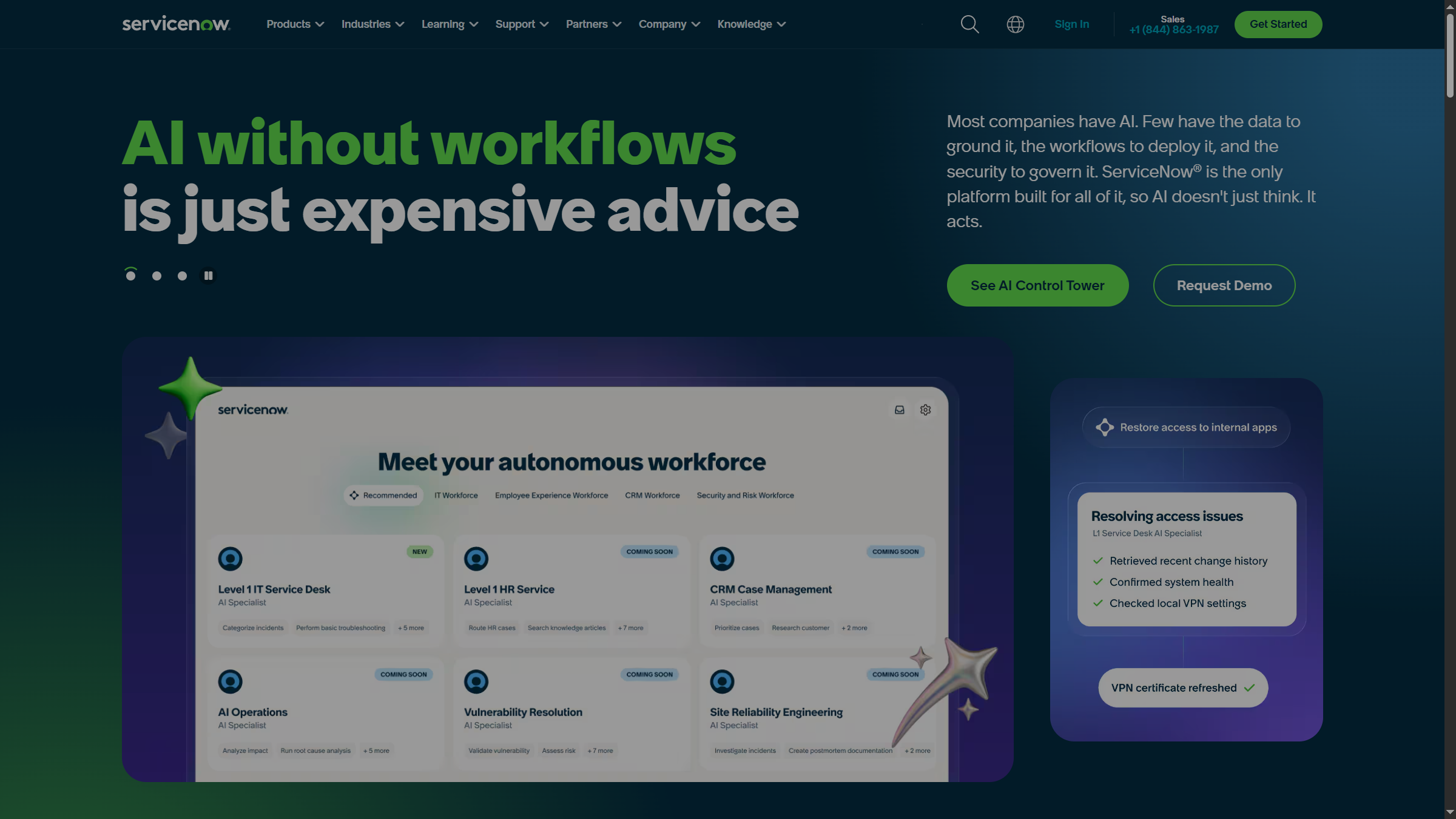 ServiceNow homepage emphasizing AI agents with workflow grounding