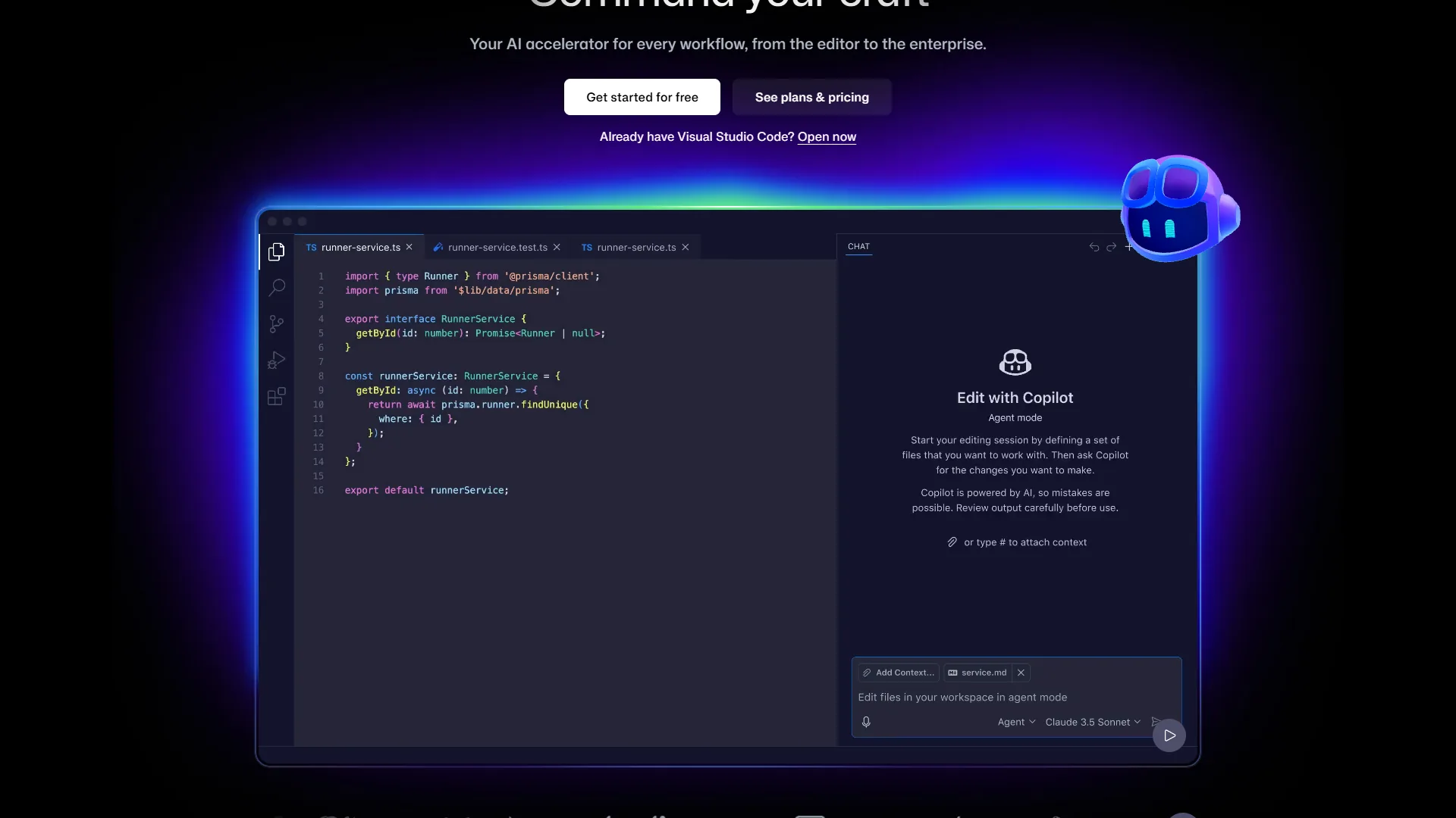 GitHub Copilot code suggestions in VS Code with agent mode panel