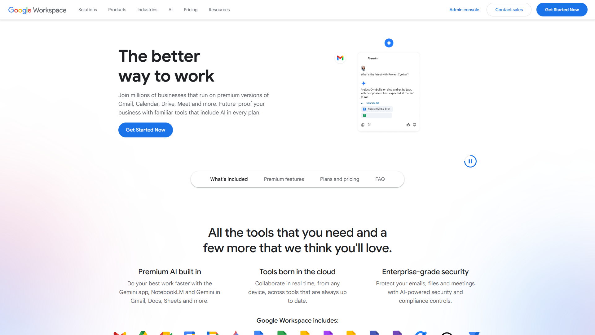 Google Workspace homepage showing integrated Gemini AI features across Gmail, Docs, Sheets, Slides, and Meet