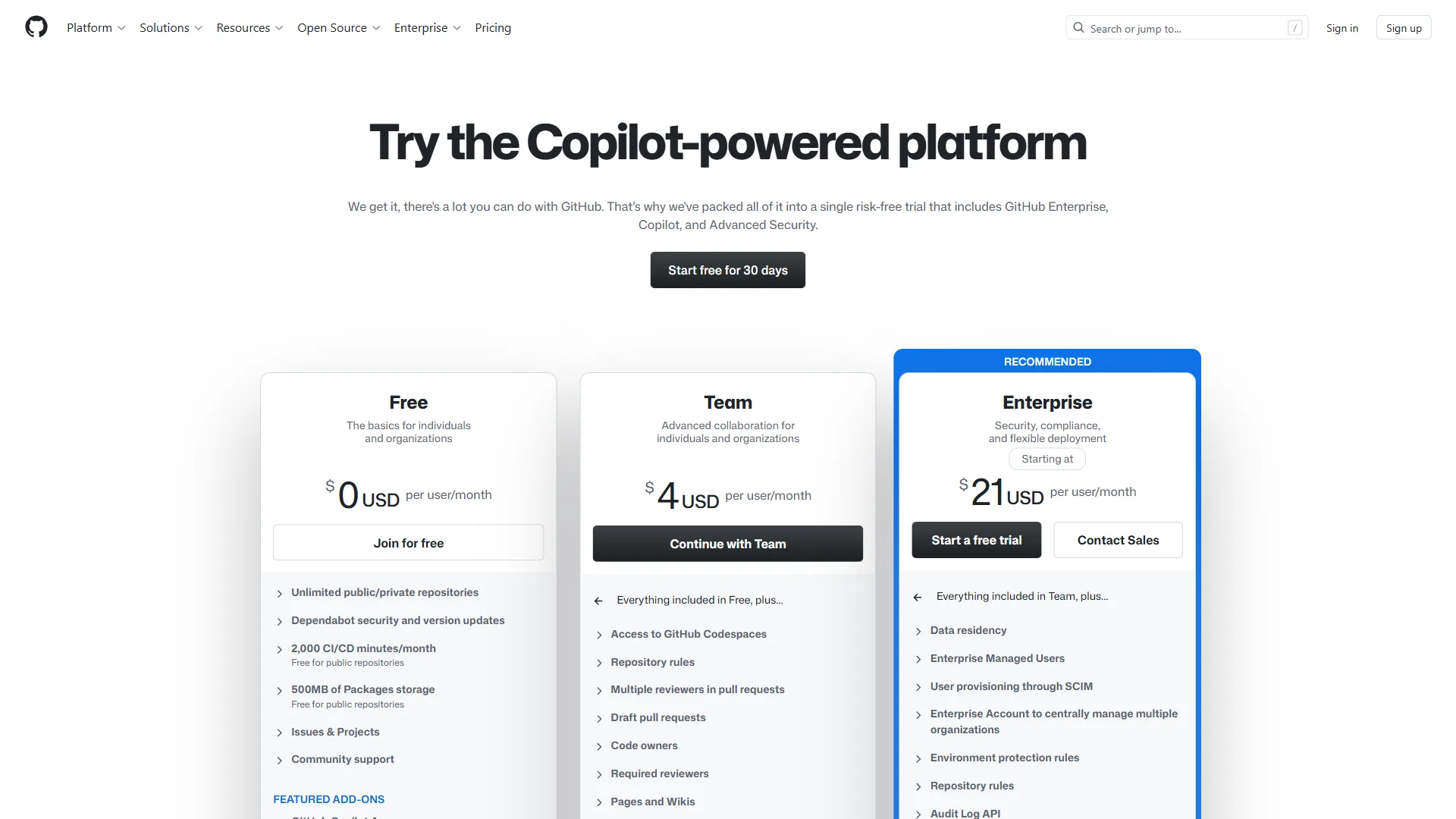 GitHub pricing page showing Free, Team, and Enterprise tiers
