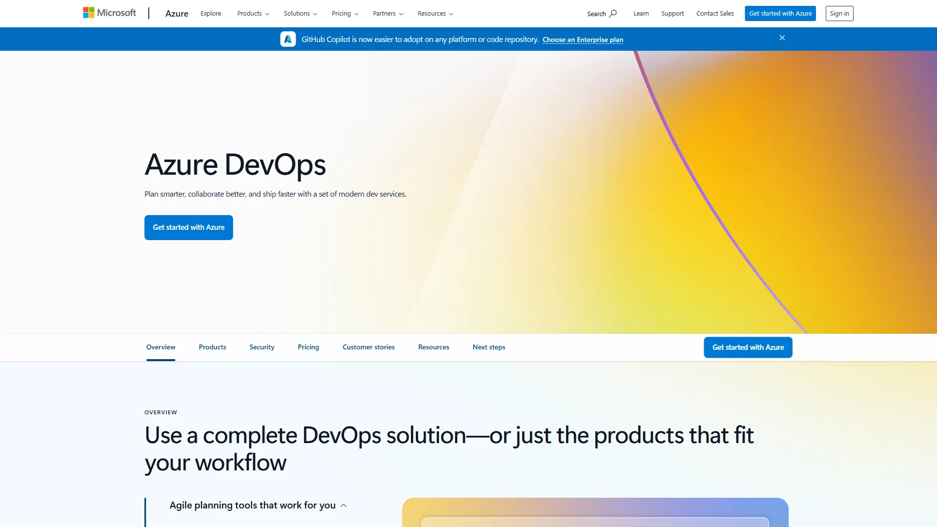 Azure DevOps landing page with Get started with Azure button and product overview tabs