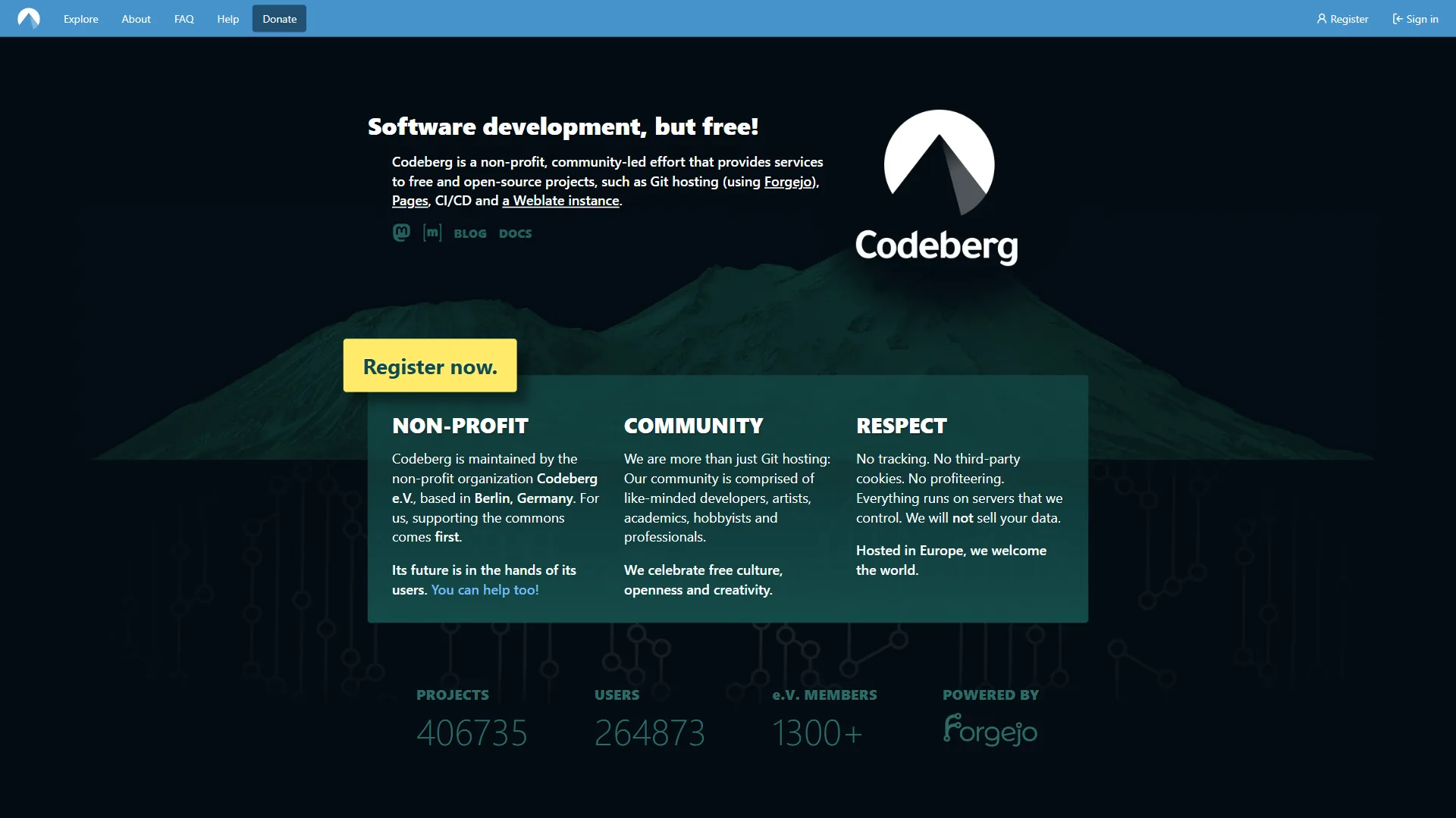 Codeberg homepage with software development but free headline, nonprofit values, and project stats