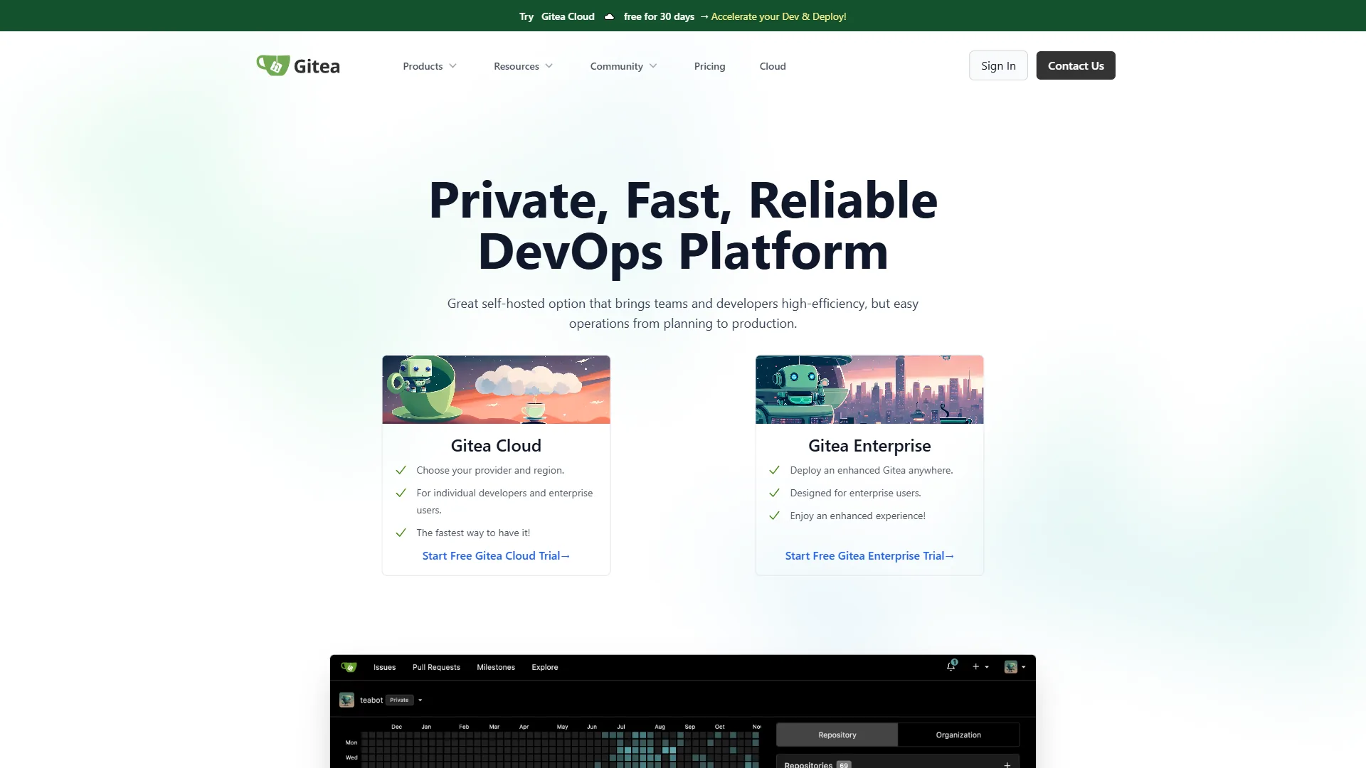 Gitea homepage with Private Fast Reliable DevOps Platform headline and Cloud vs Enterprise options