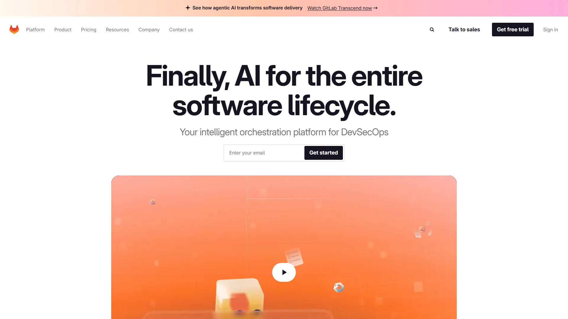 GitLab homepage promoting AI for the entire software lifecycle with DevSecOps tagline