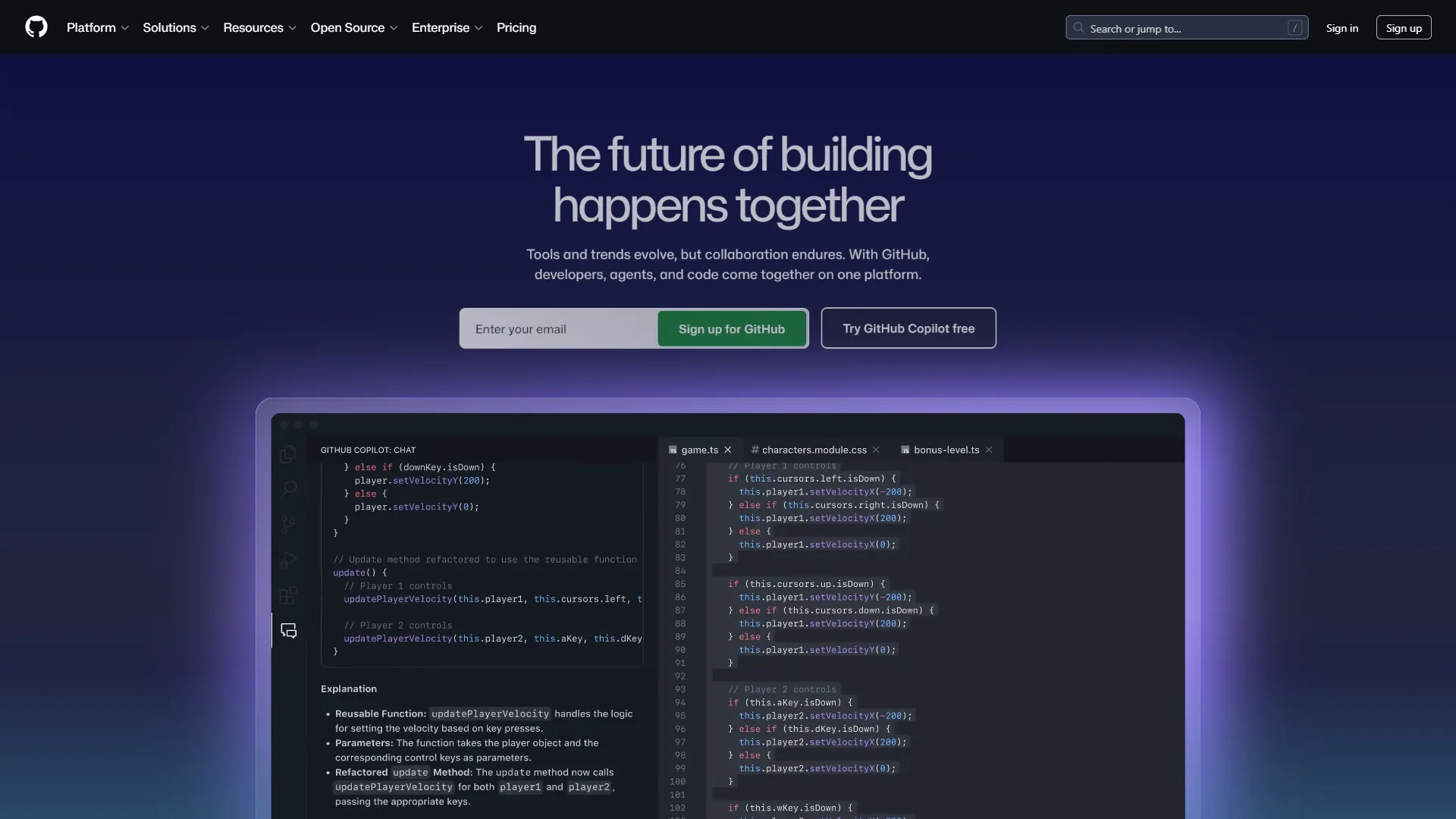 GitHub repository interface showing Copilot-powered code review and pull request suggestions