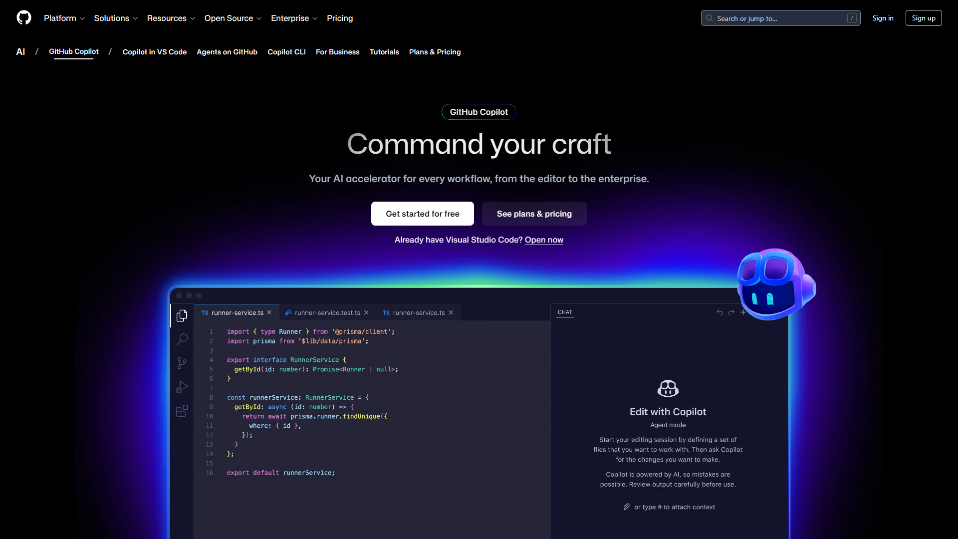 GitHub Copilot interface showing code completion in VS Code