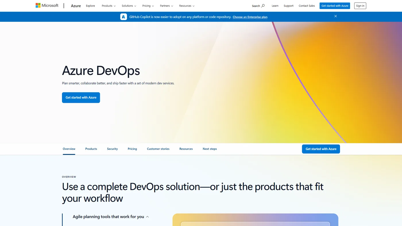 Azure DevOps Boards showing a Scrum sprint board with work items, epics, user stories, and burndown chart for enterprise project management