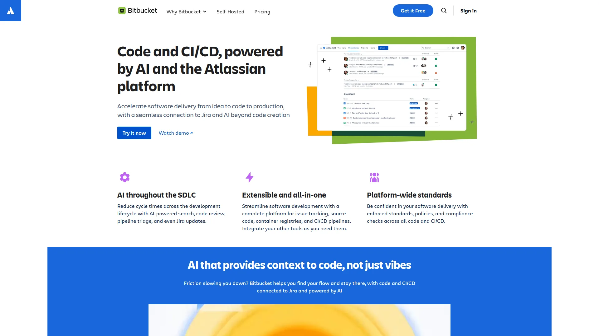 Bitbucket homepage with Code and CI/CD powered by AI heading, app preview, and feature highlights