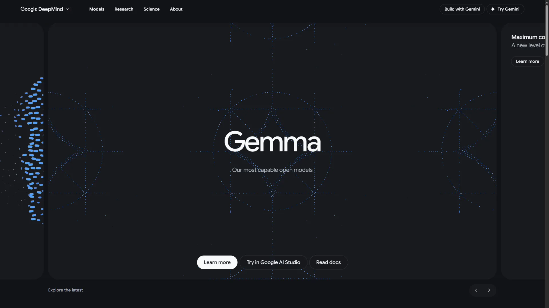 Google DeepMind Gemma model page showing the open-source AI model family