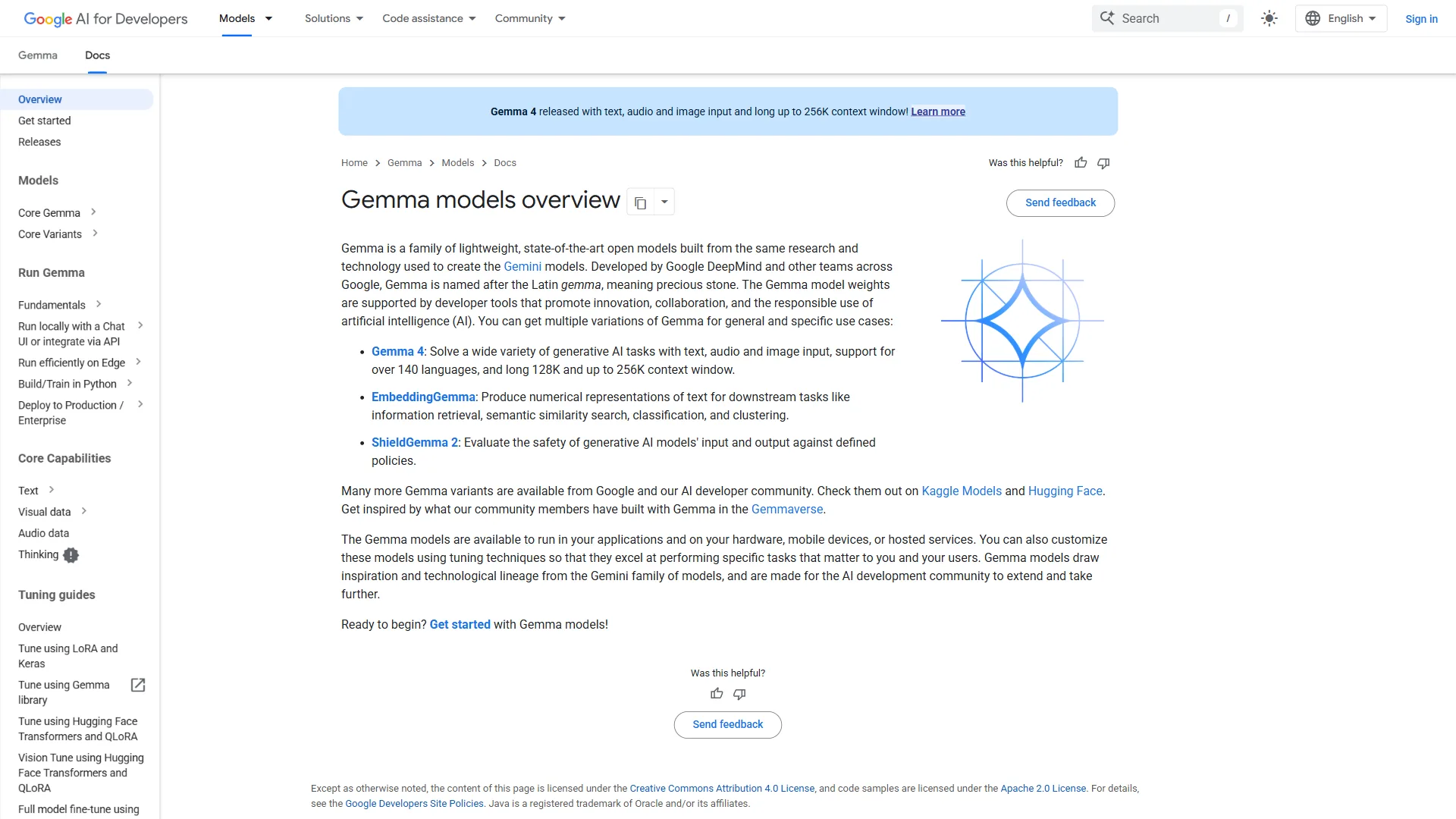 Google AI developer documentation page for Gemma models showing setup instructions