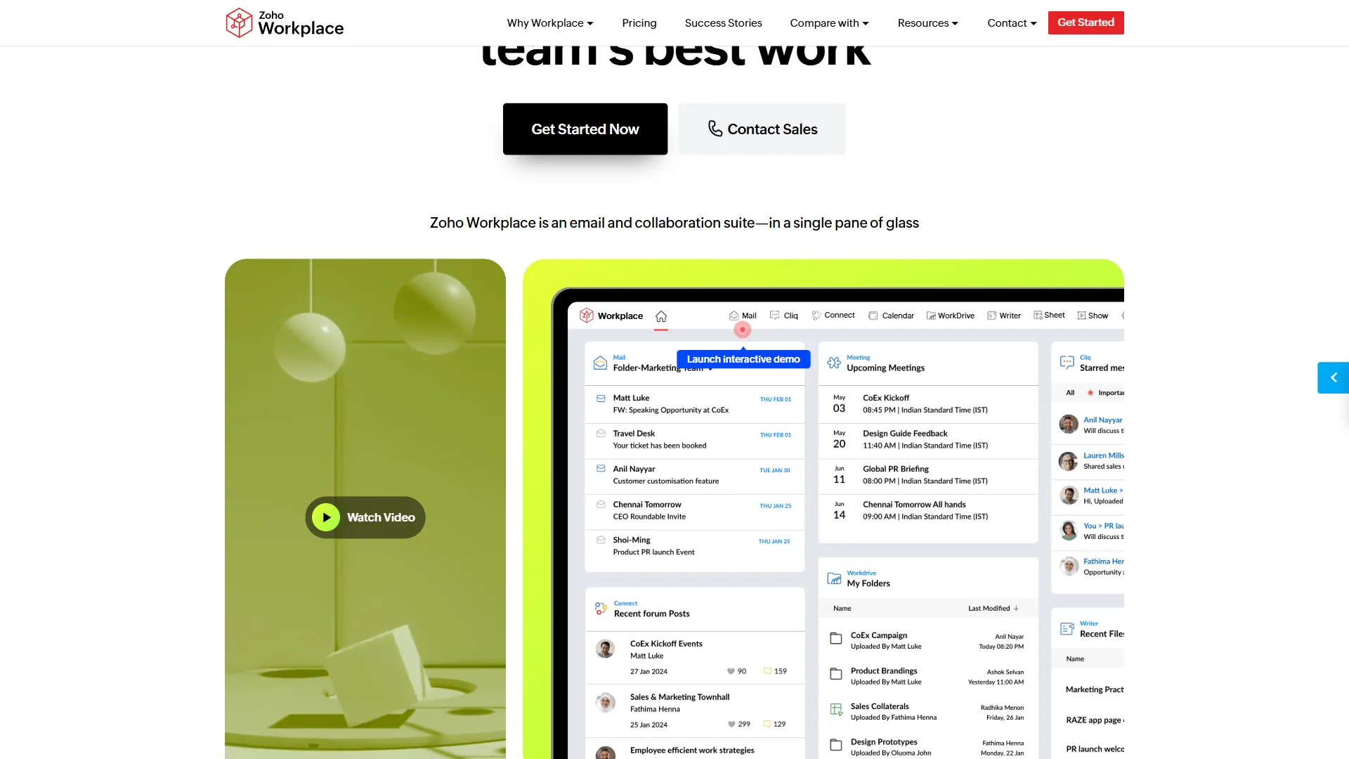 Zoho Workplace interface showing Mail, Writer, Sheet, and Cliq applications