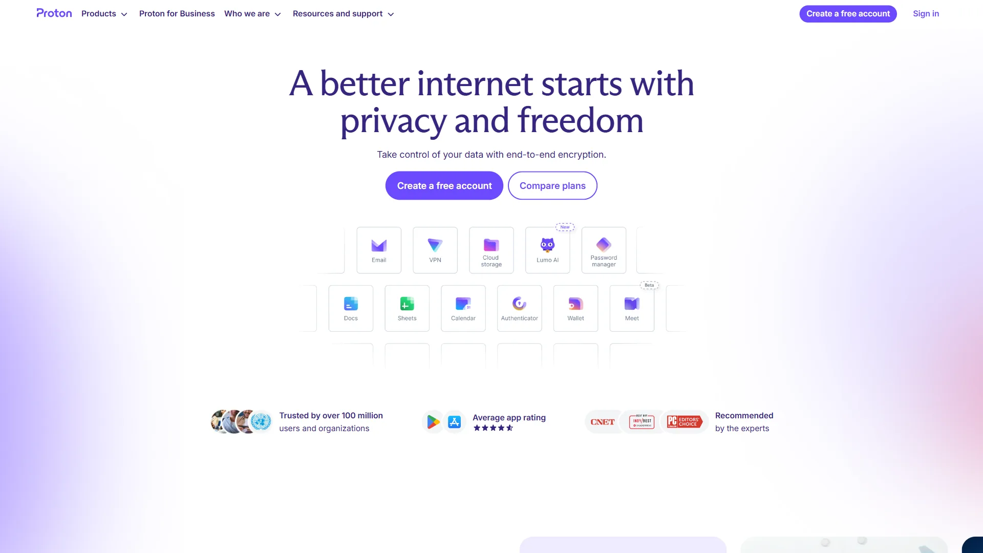 Proton privacy suite showing Email, VPN, Cloud storage, Docs, and Calendar products