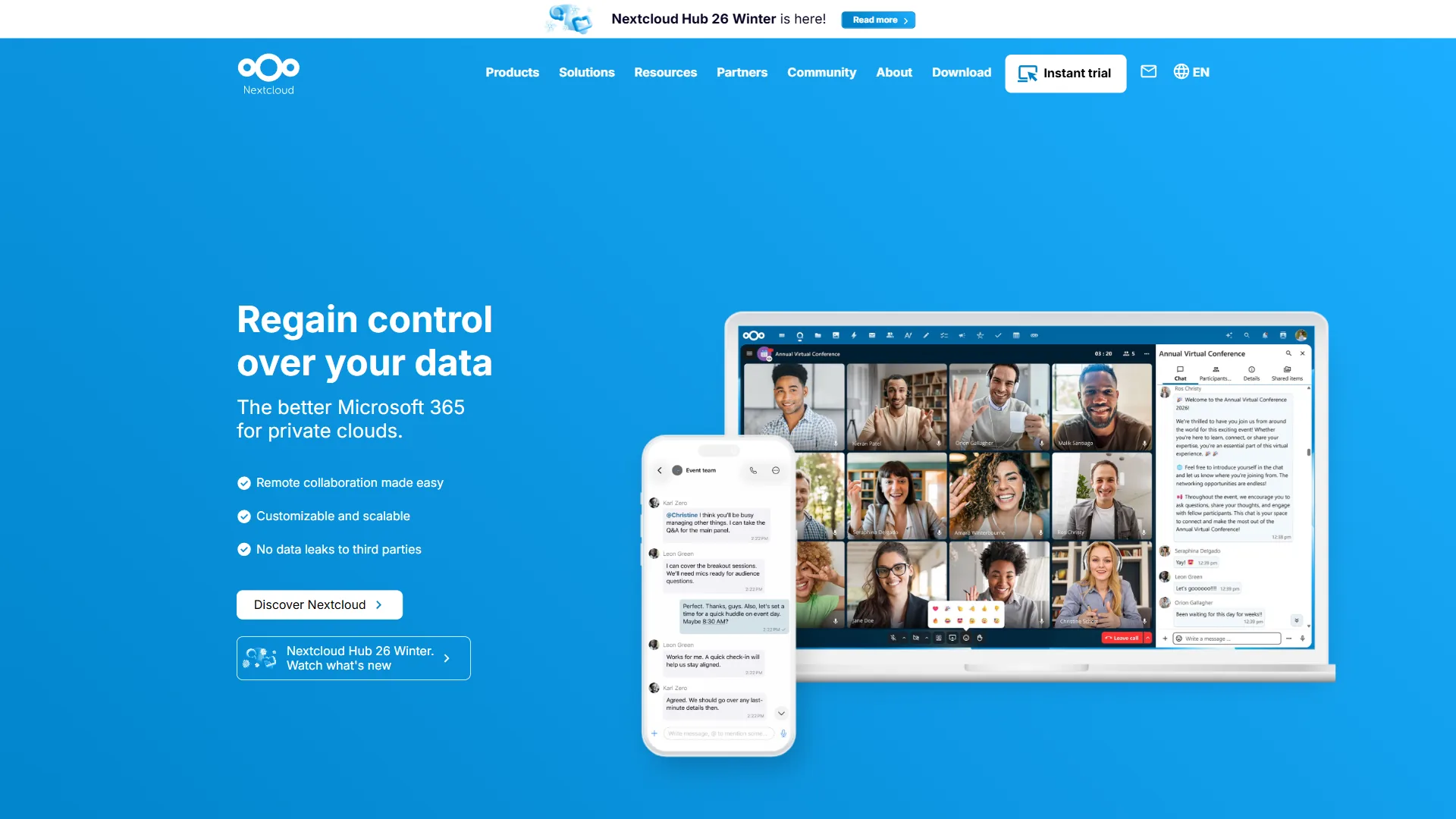 Nextcloud Hub showing collaboration, video calls, and private cloud features