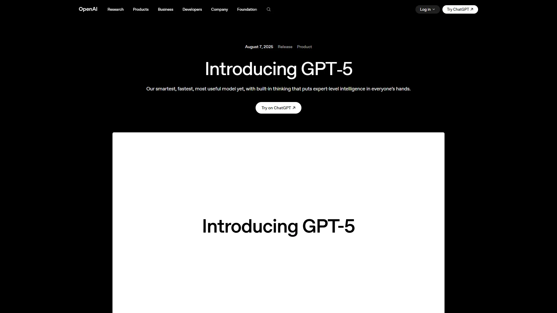 OpenAI Introducing GPT-5 blog post dated August 7 2025 with Try on ChatGPT button