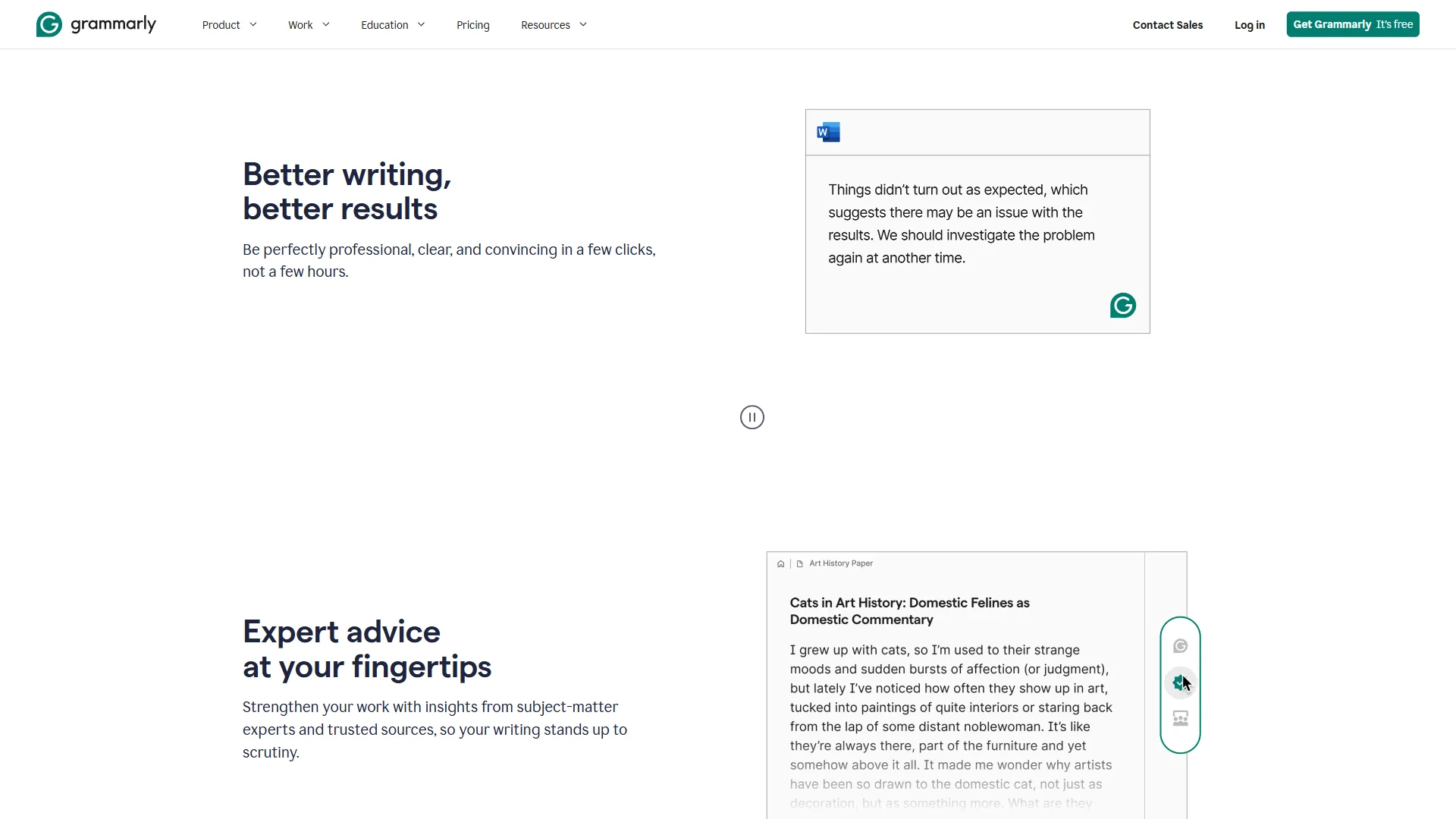 Grammarly homepage with Better Writing Better Results headline and expert advice section