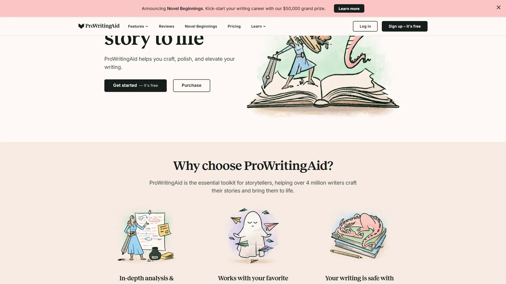 ProWritingAid homepage with story to life headline and Why choose ProWritingAid section