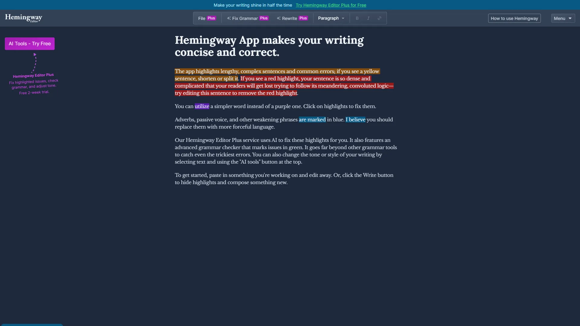 Hemingway Editor in dark mode with color-coded highlights for adverbs, passive voice, and complex sentences