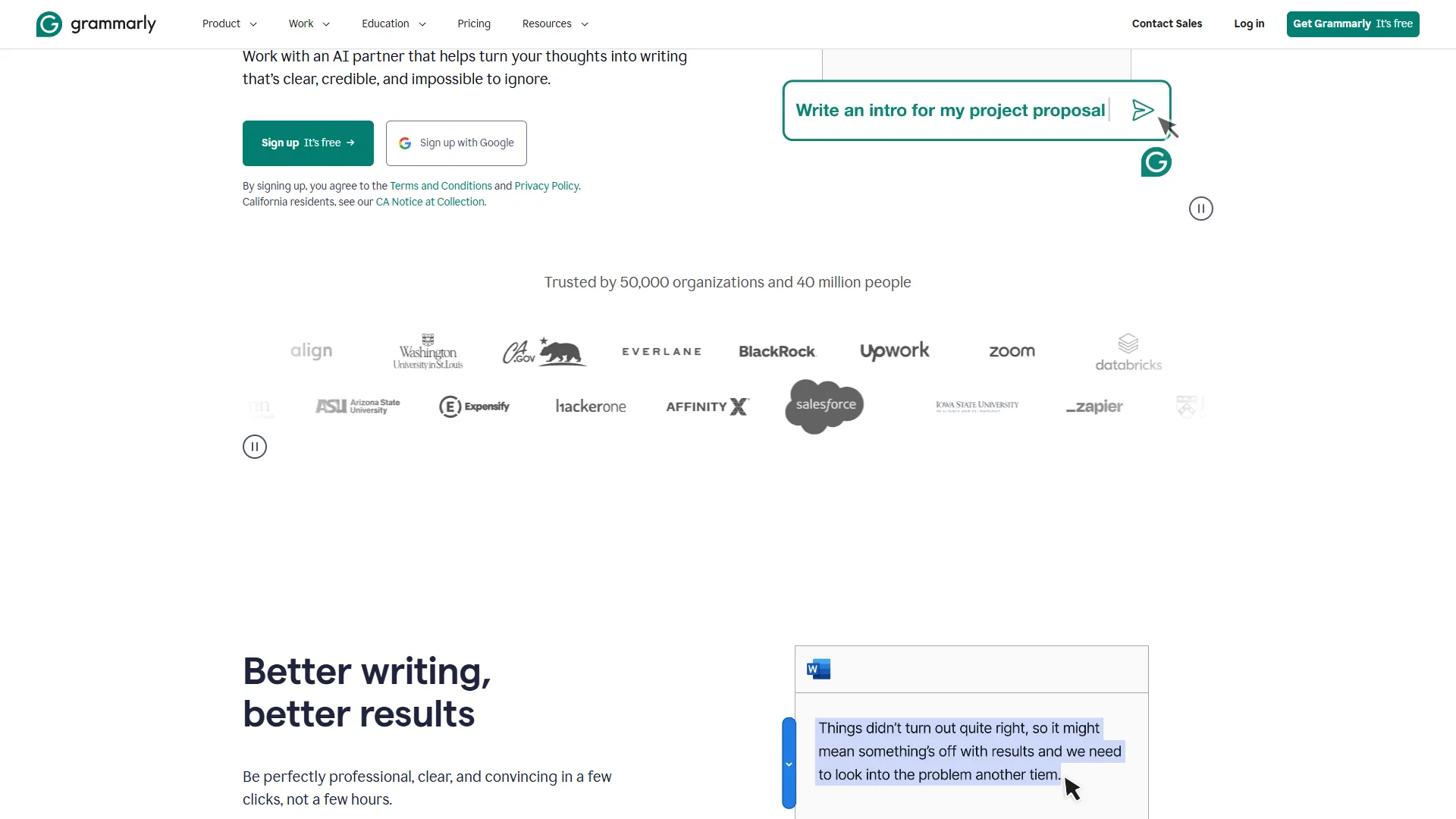 Grammarly homepage with sign-up form, trusted-by logos, and Better Writing Better Results section