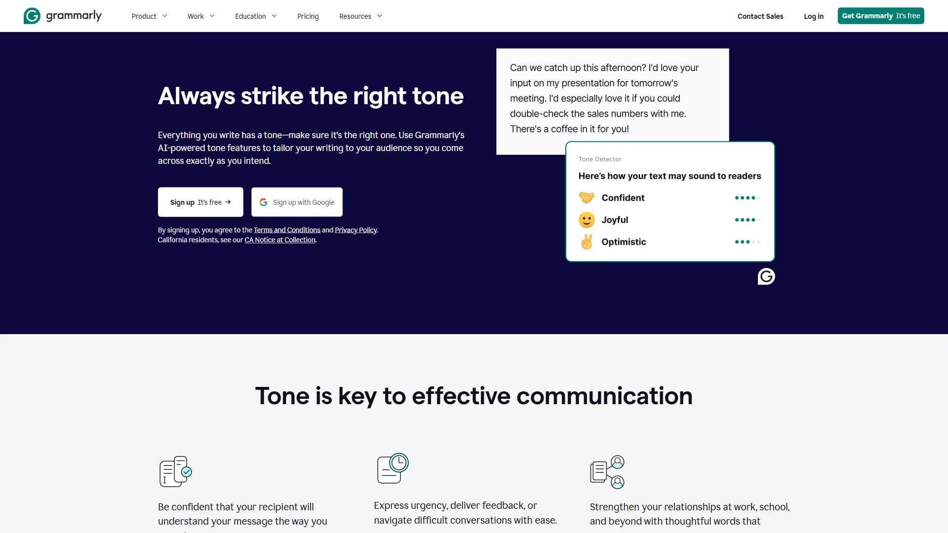 Grammarly Always Strike the Right Tone marketing section with tone detection showing Confident and Optimistic