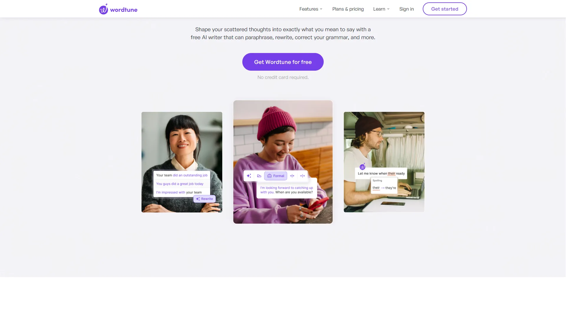 Wordtune homepage hero with rewrite, formal tone, and spelling correction examples across three photos