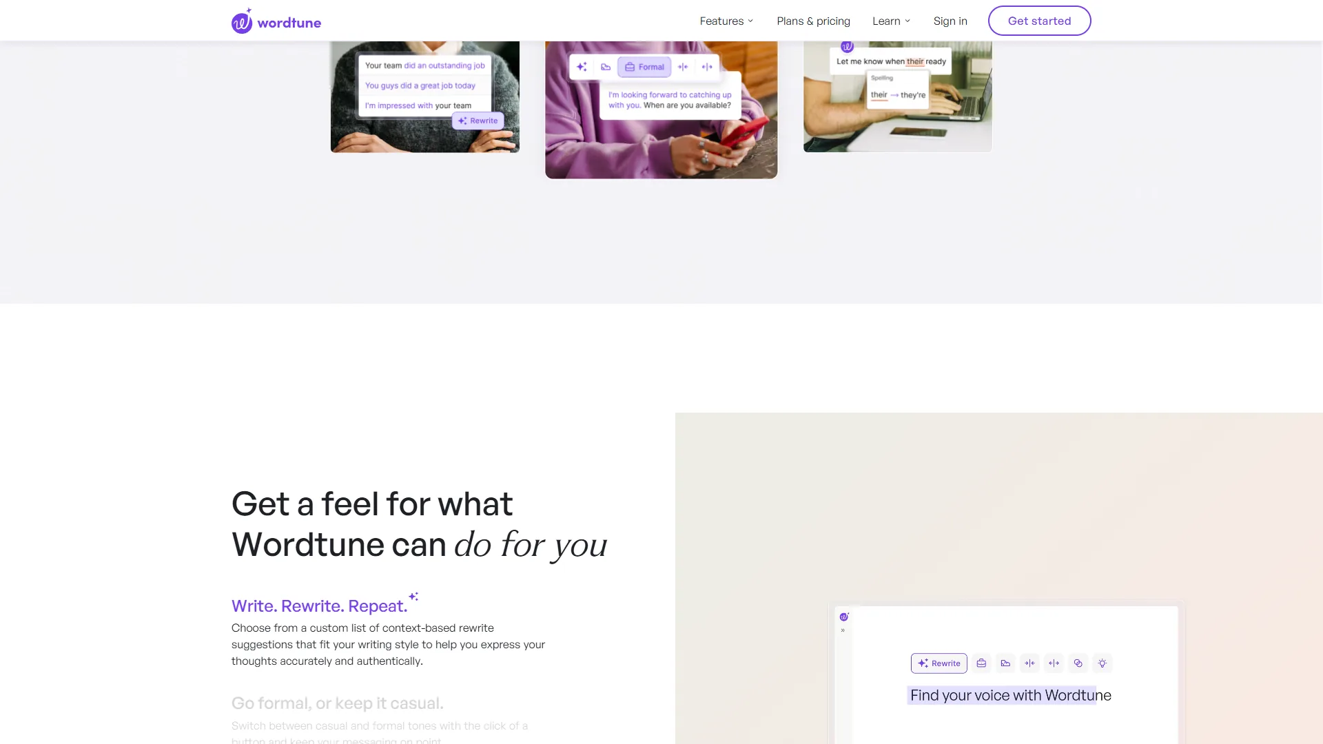 Wordtune homepage scrolled to Get a Feel section with Write Rewrite Repeat and Go Formal or Keep It Casual features