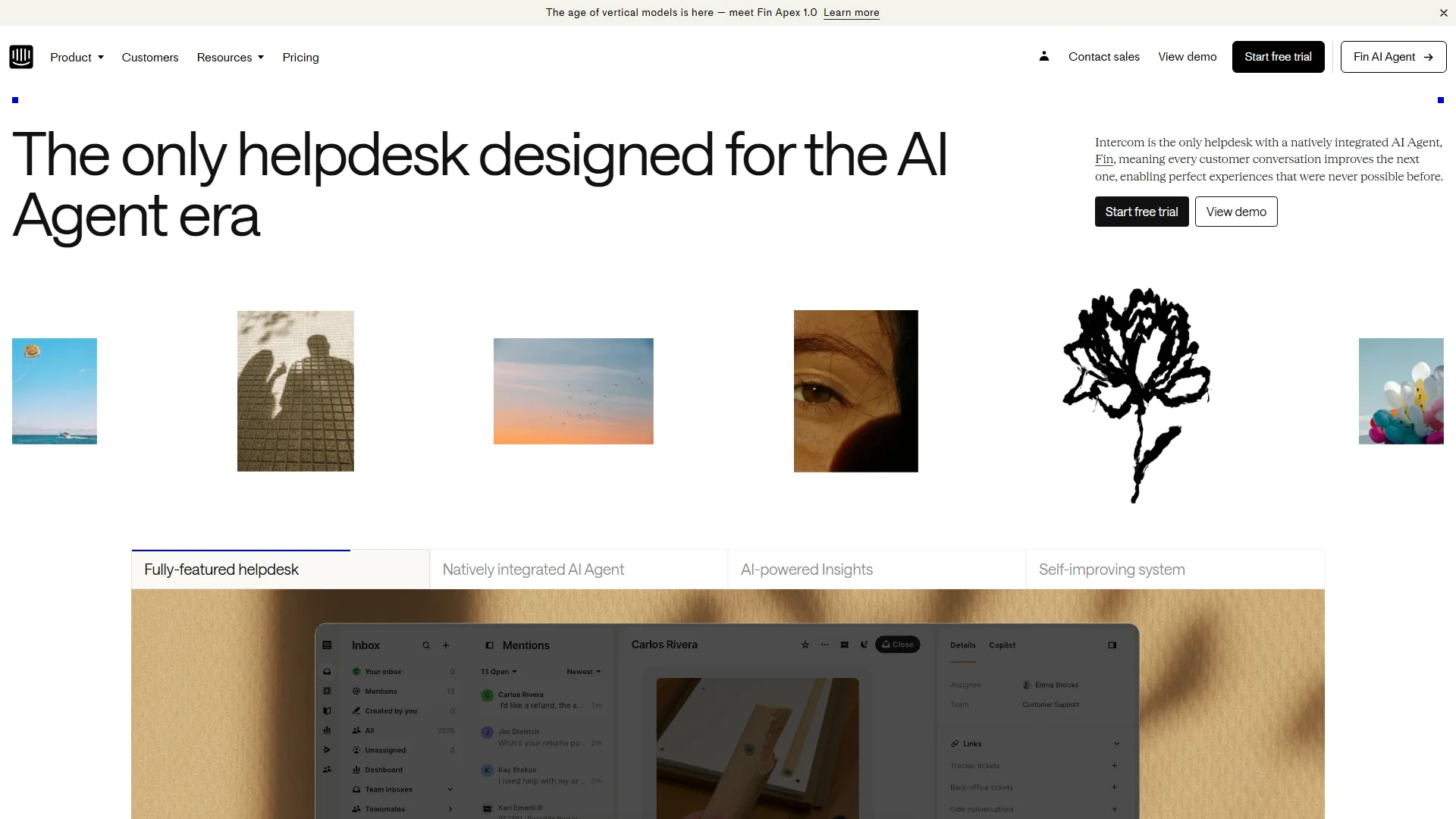 Intercom customer service platform homepage showcasing AI-first support features