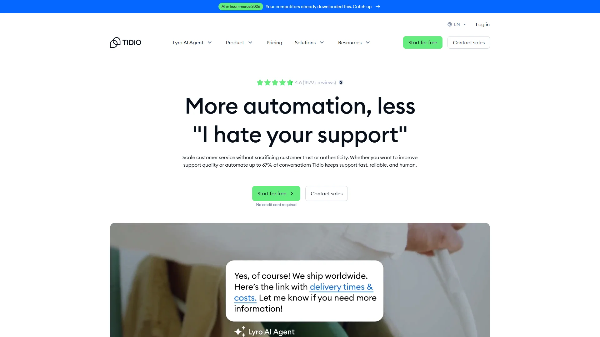Tidio live chat and AI chatbot platform homepage