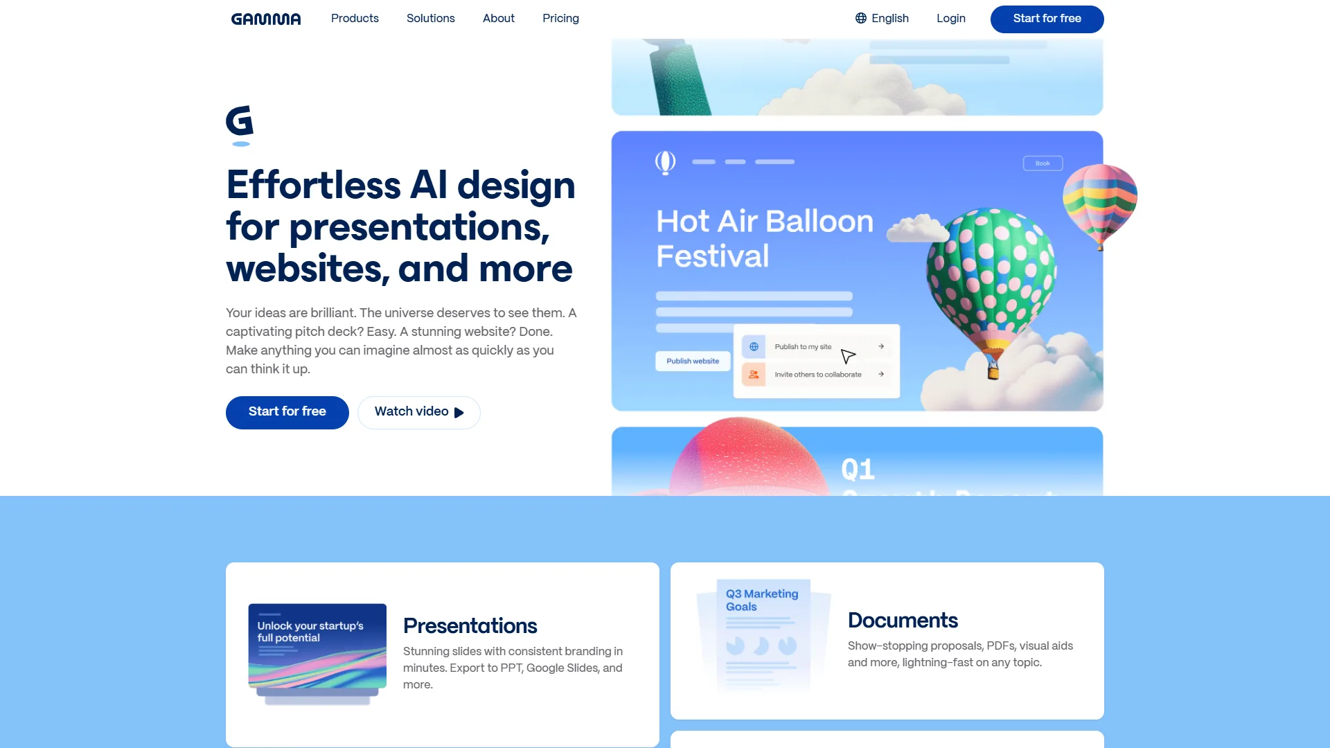 Gamma homepage with Effortless AI design for presentations heading and hot air balloon preview cards