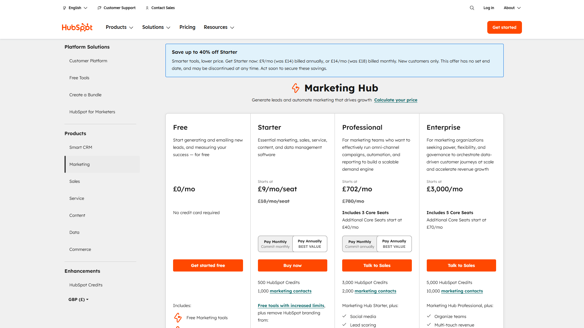 HubSpot pricing page showing all plan tiers from Free to Enterprise