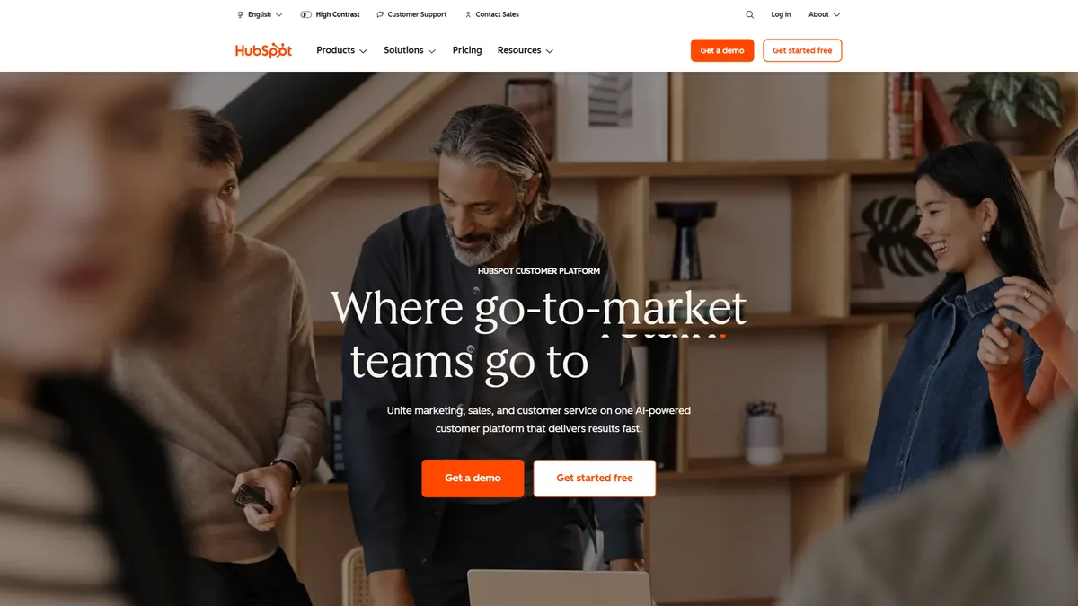 HubSpot free CRM product page showing included features and limitations