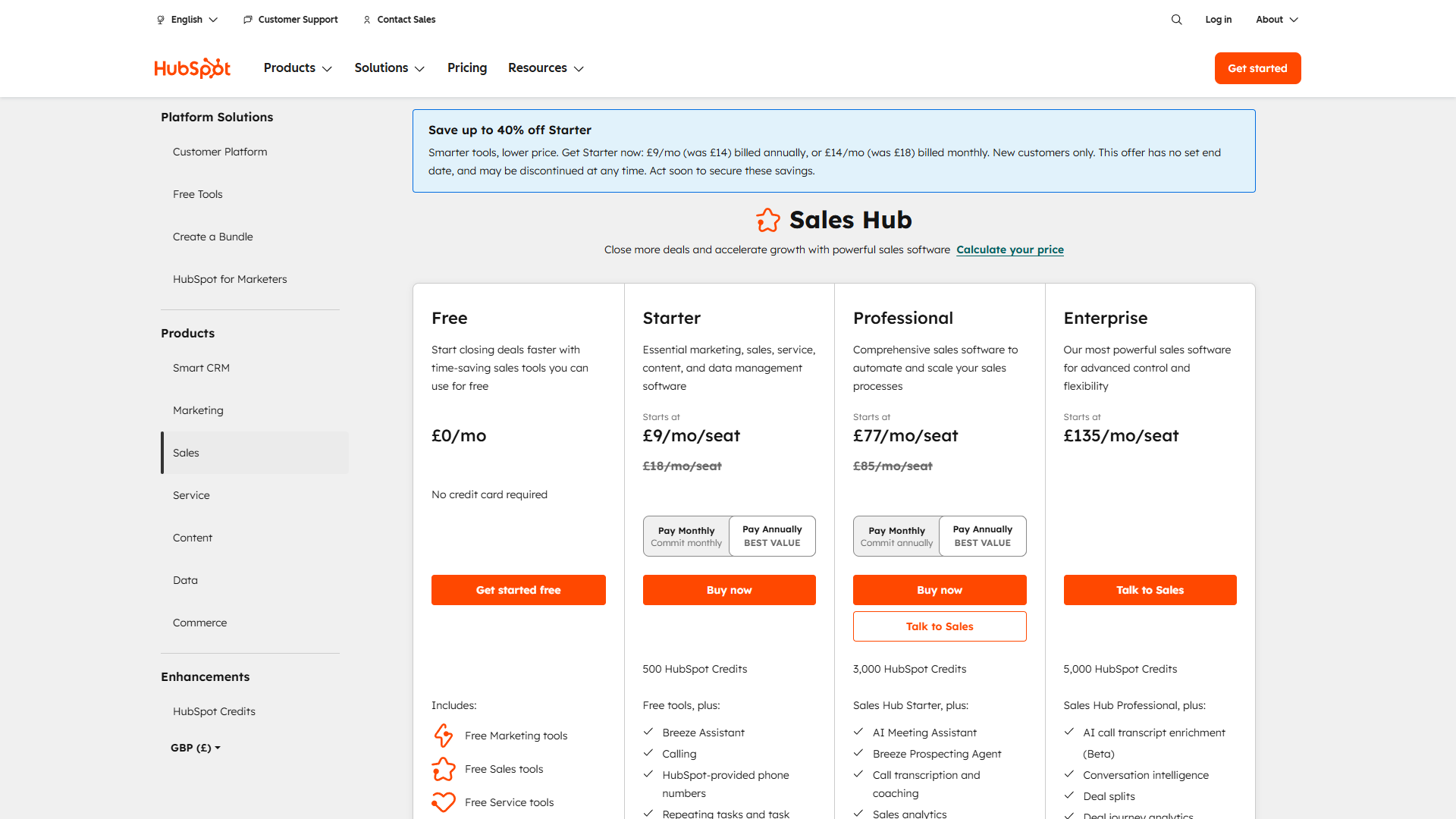 HubSpot Sales Hub pricing page showing Professional and Enterprise tier comparison