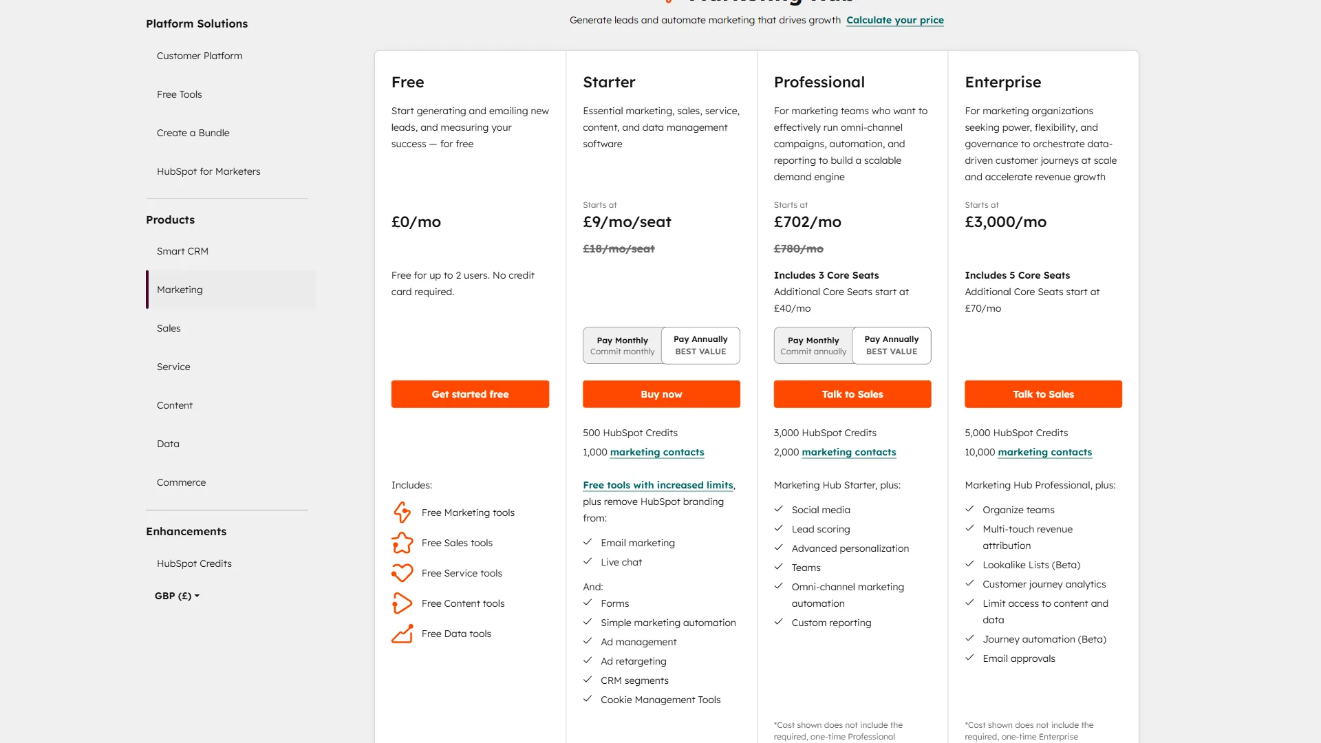 HubSpot pricing page showing tier comparison from Free to Enterprise