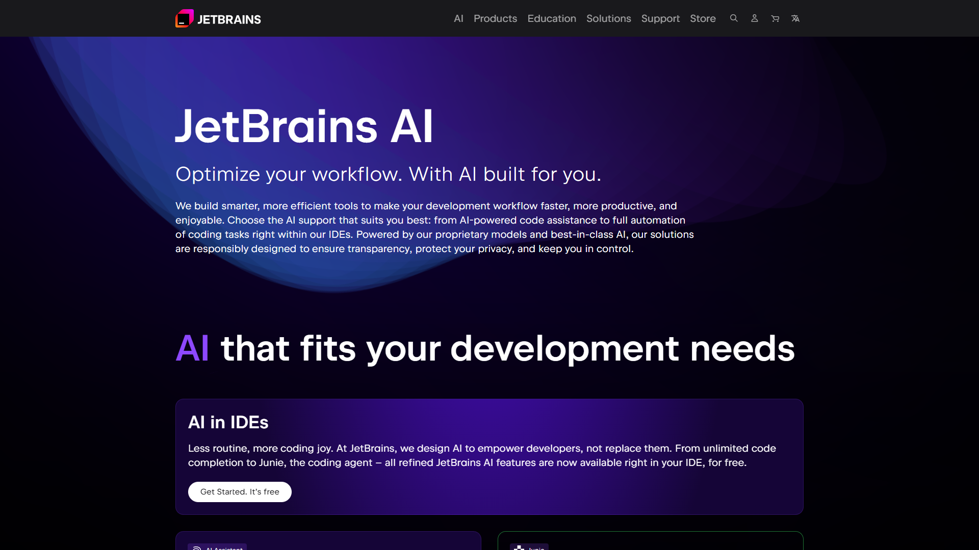 JetBrains AI Assistant homepage showing AI coding features