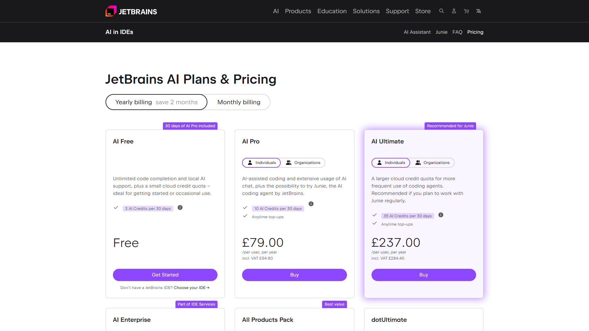 JetBrains AI Assistant pricing page showing tier comparison