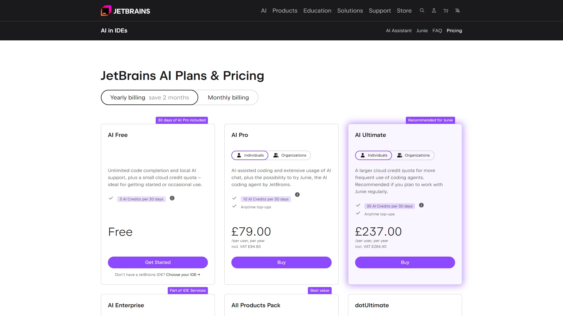 JetBrains AI Assistant pricing page showing tier comparison