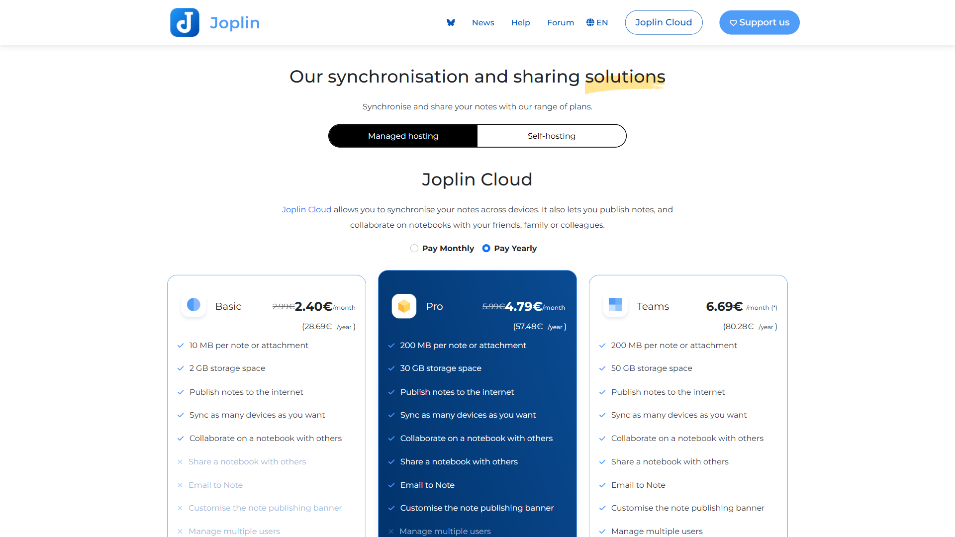 Joplin Cloud pricing page showing Basic and Teams sync plans