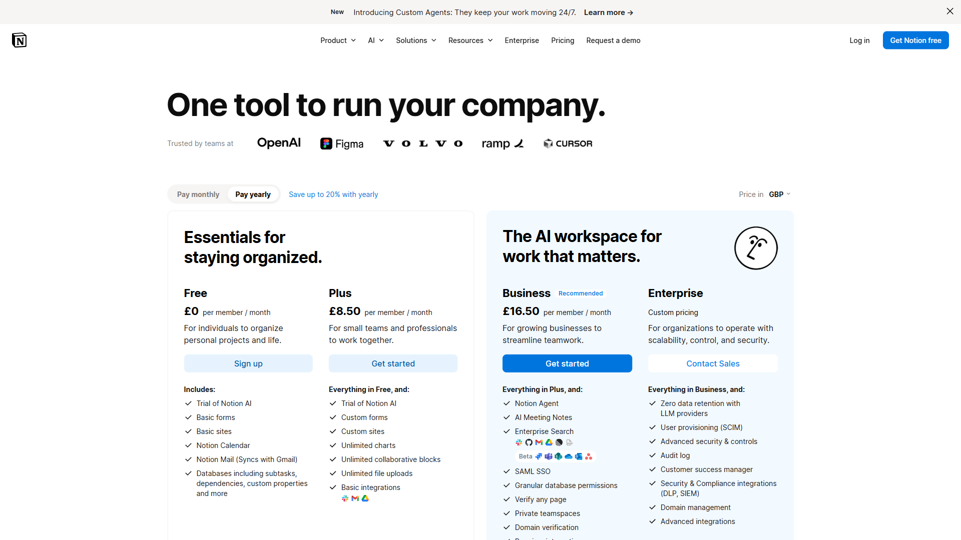 Notion pricing page showing Free, Plus, Business, and Enterprise tiers