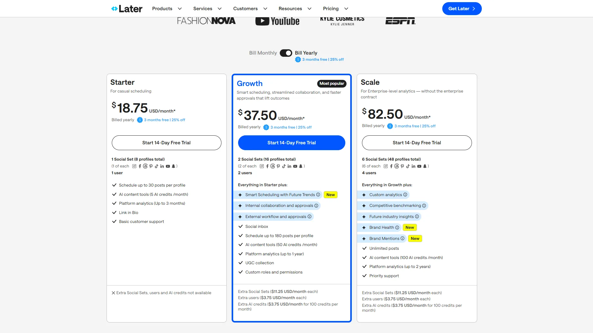 Later pricing page showing Starter at $18.75, Growth at $37.50, and Scale at $82.50 per month