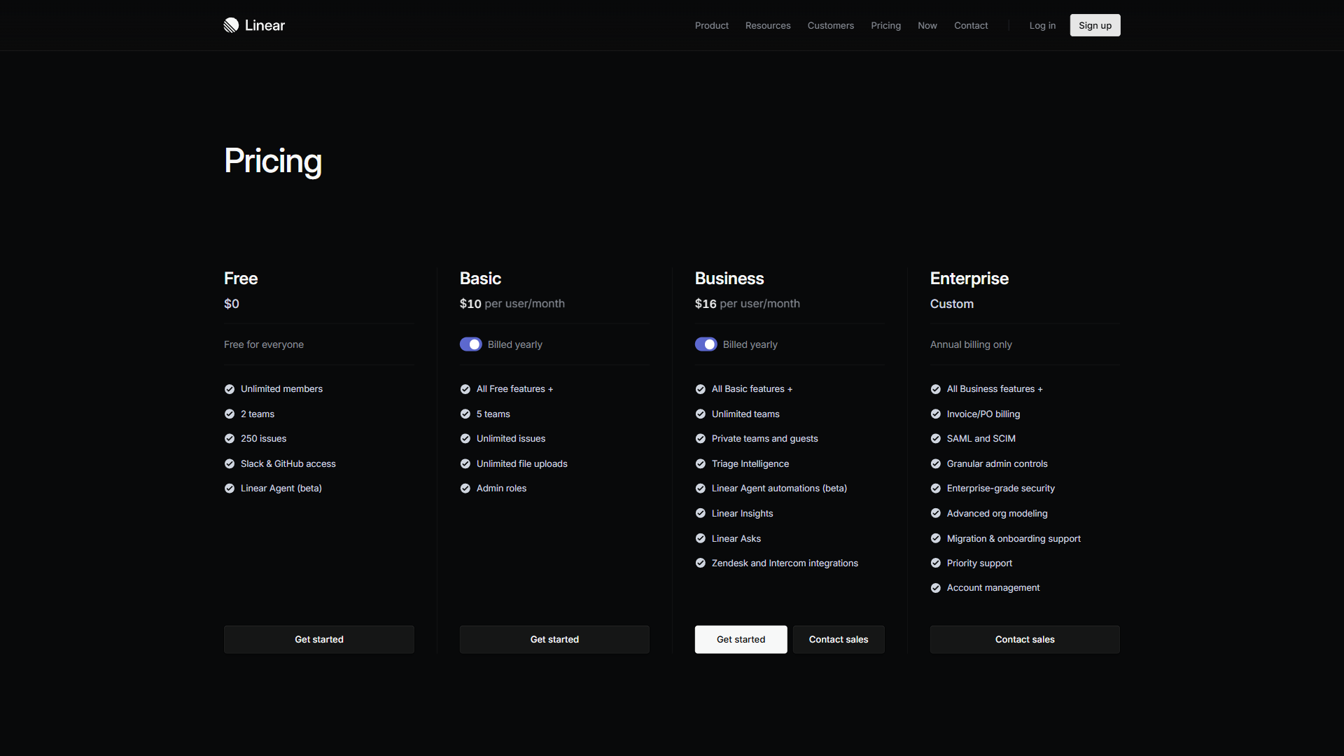 Linear pricing page showing Free, Standard, Plus, and Enterprise plans