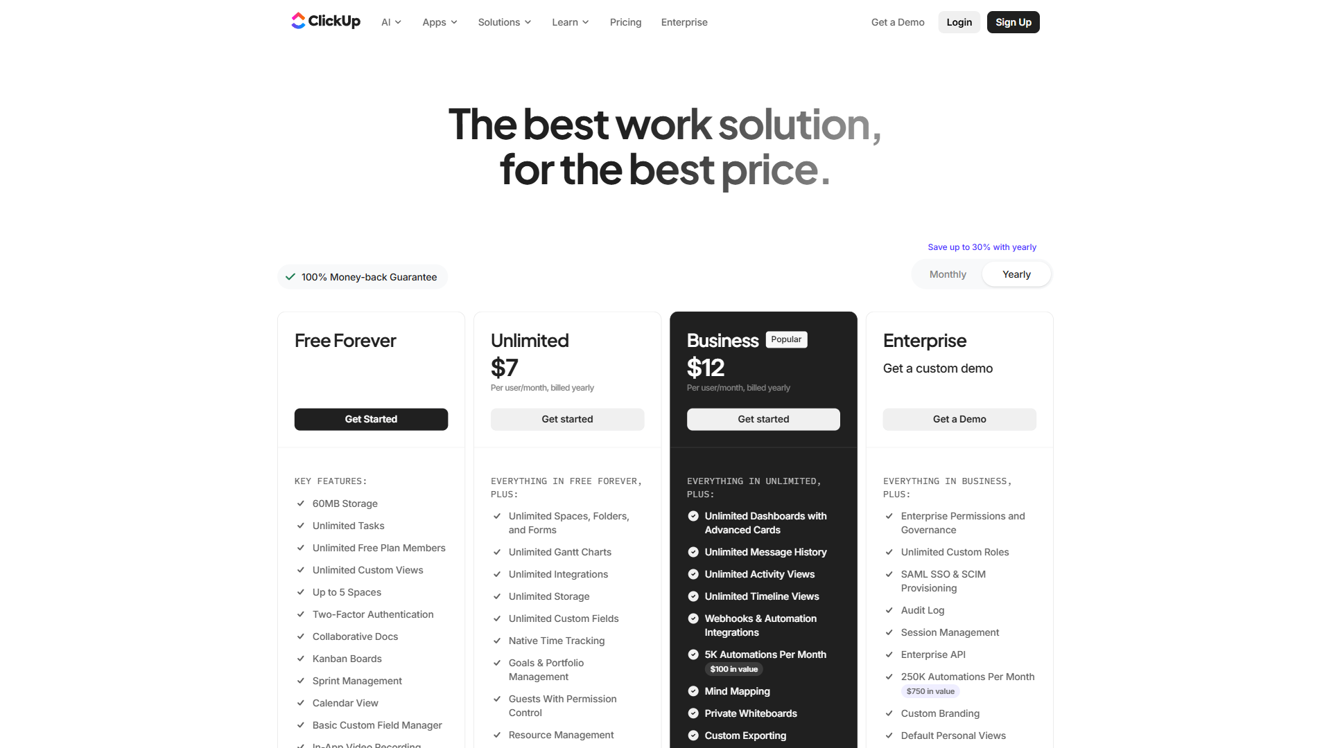 ClickUp pricing page displaying Free, Unlimited, Business, and Enterprise plan tiers with feature breakdowns