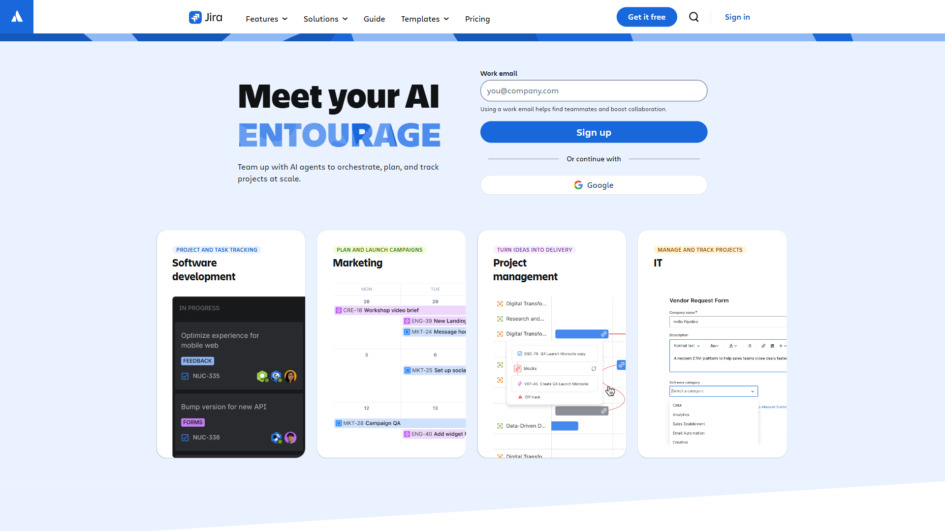 Jira product page highlighting project tracking boards, backlog views, and team collaboration features