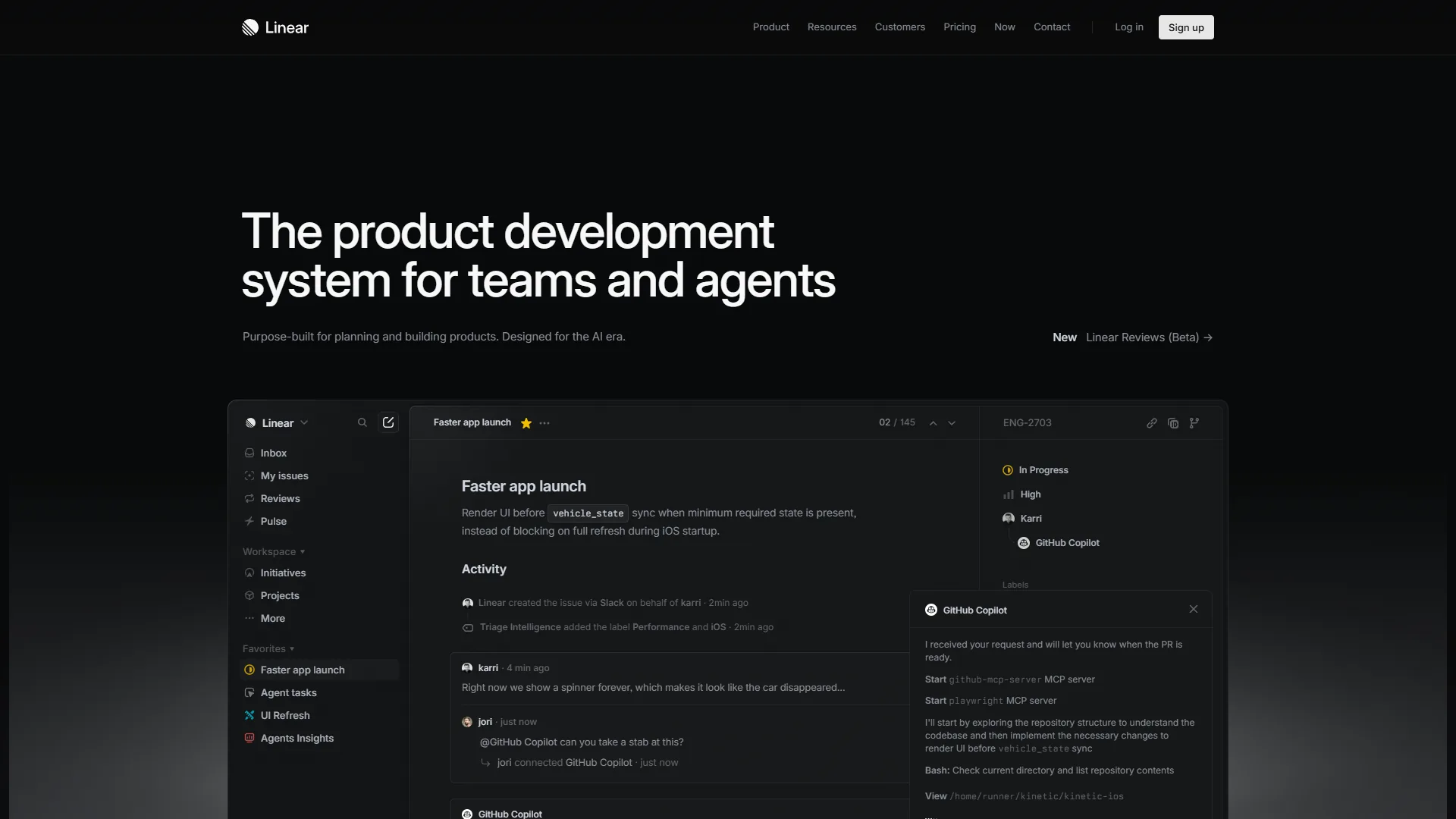 Linear homepage showing the modern issue tracking interface with keyboard shortcuts and streamlined design