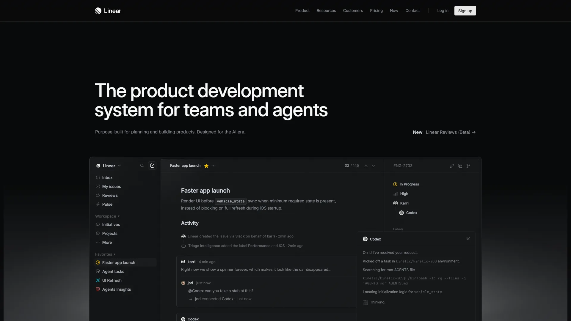 Linear homepage showing the modern issue tracking interface with keyboard shortcuts and clean design