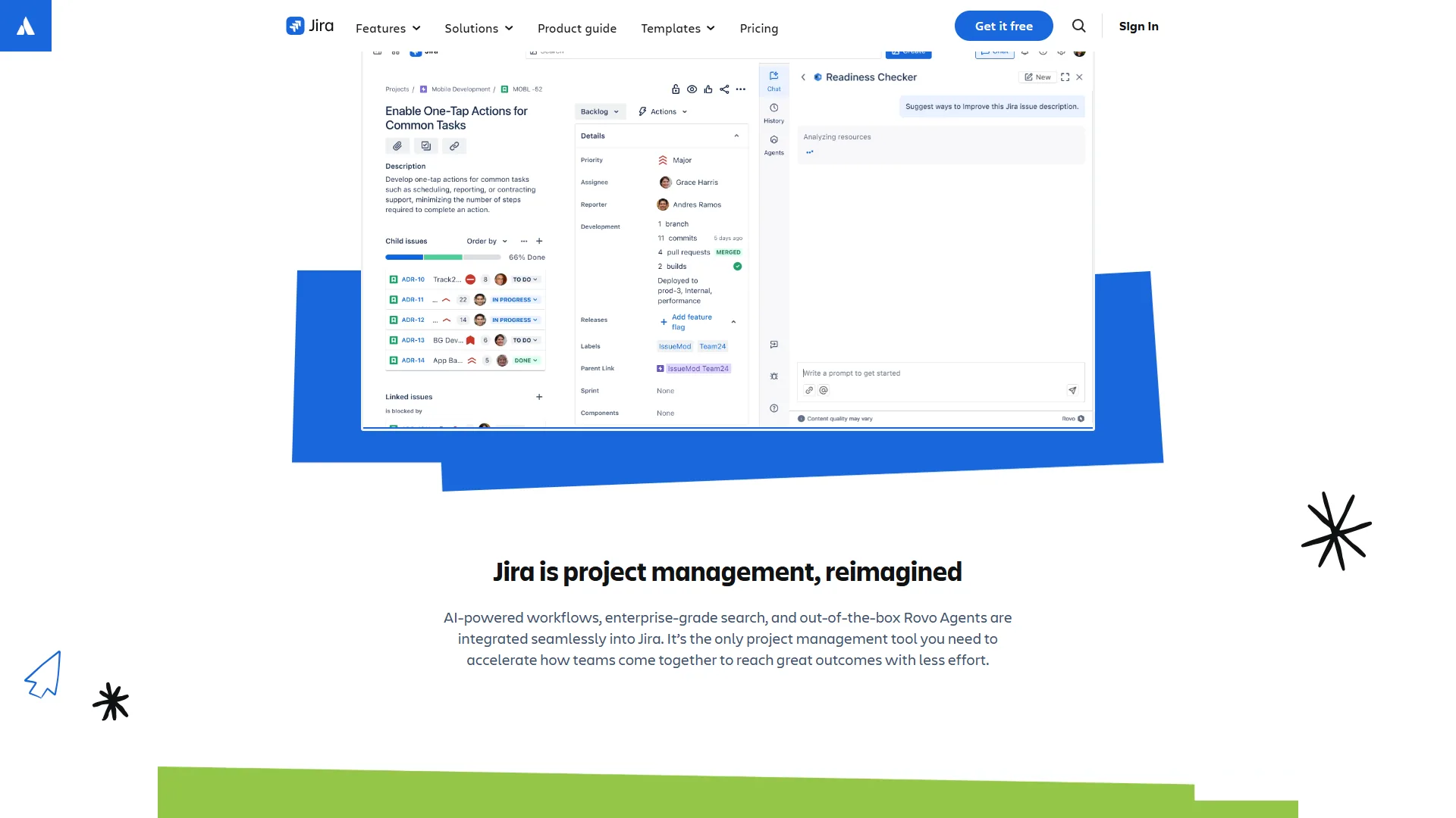 Jira Atlassian Intelligence features showing natural language JQL queries and smart issue summaries
