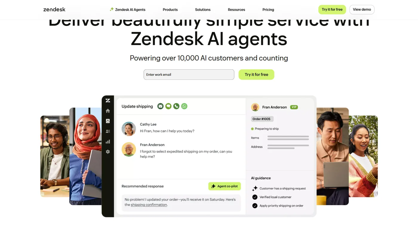 Zendesk unified agent workspace showing omnichannel ticket management across email, chat, and social channels