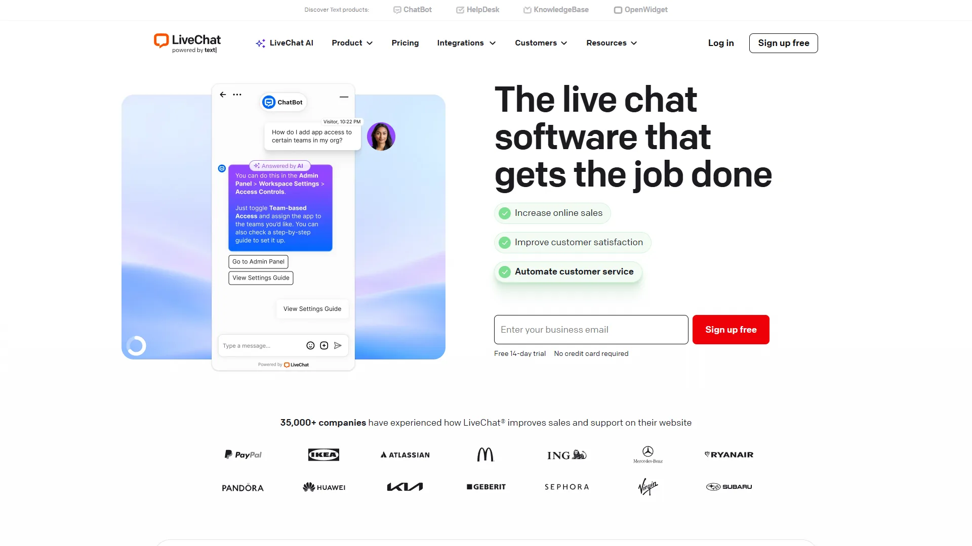 LiveChat homepage showing the customer support chat widget and agent dashboard interface