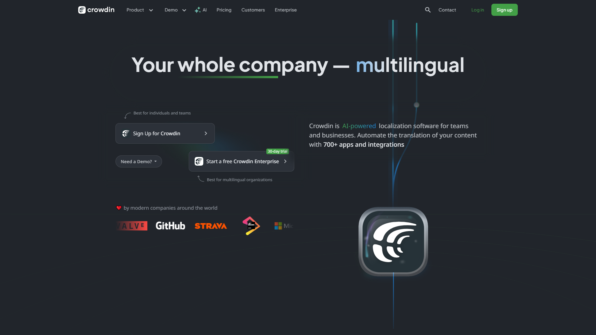 Crowdin translation management platform dashboard showing project overview and integration options