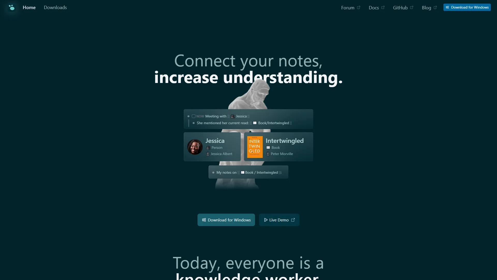 Logseq homepage showcasing open-source privacy-first knowledge management